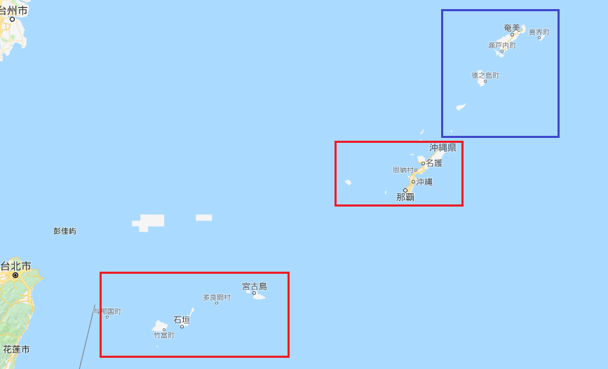 日本九州岛西南部(最北部与鹿儿岛县的奄美群岛很近,奄美群岛的与论岛