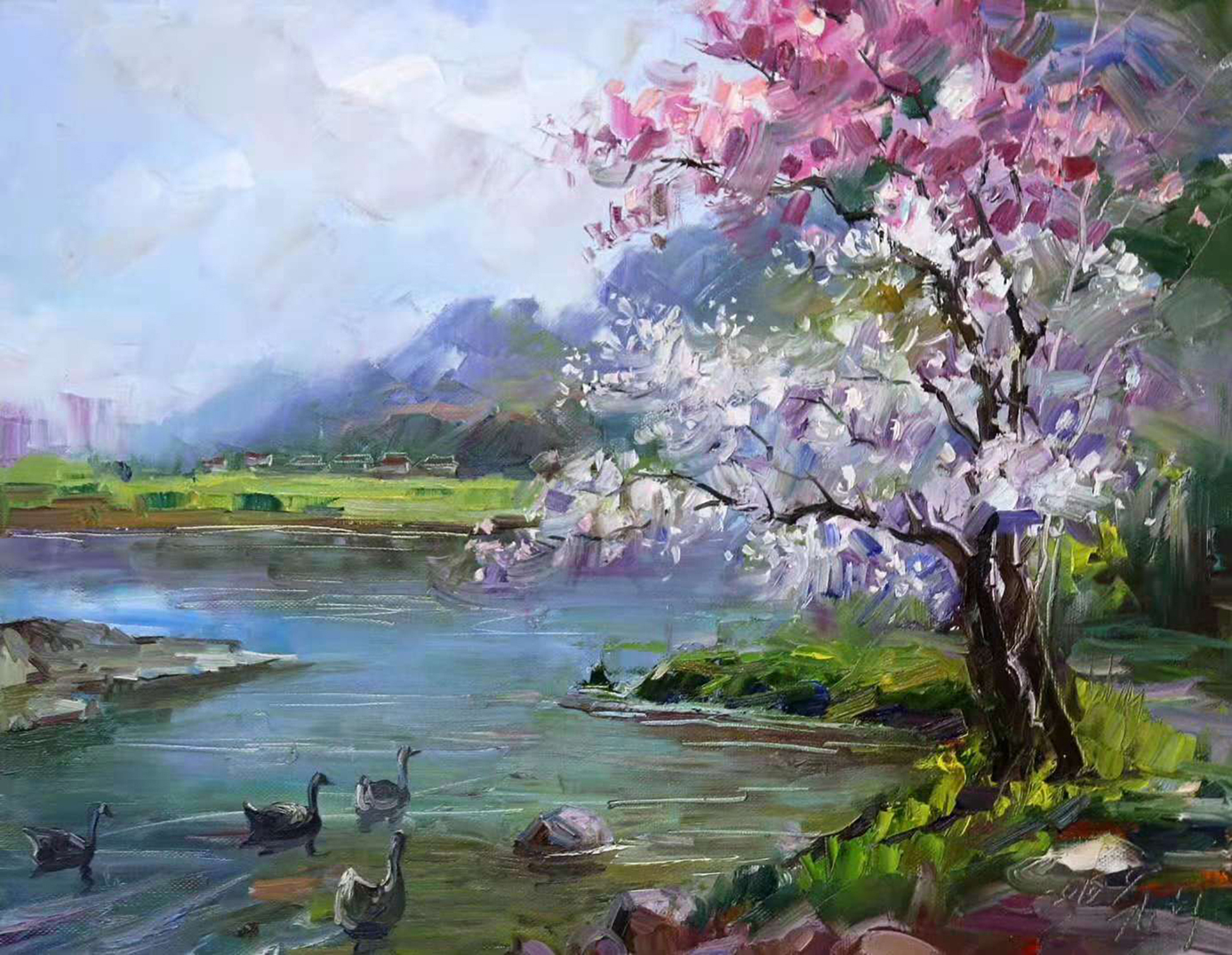 油画风景《人面桃花相映红》. 转载自百家号作者:8彩虹画室