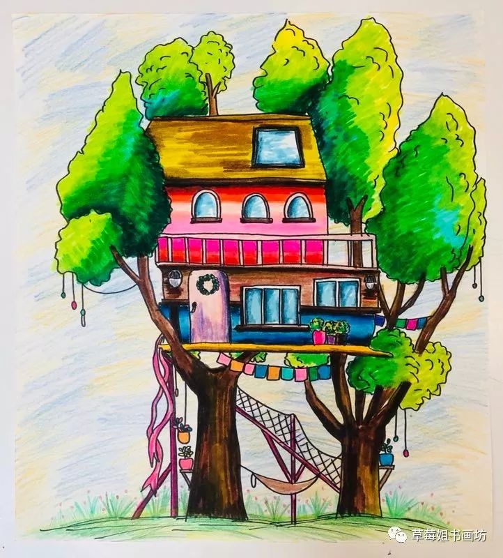 教程|启蒙班小班创意儿童画《树屋》