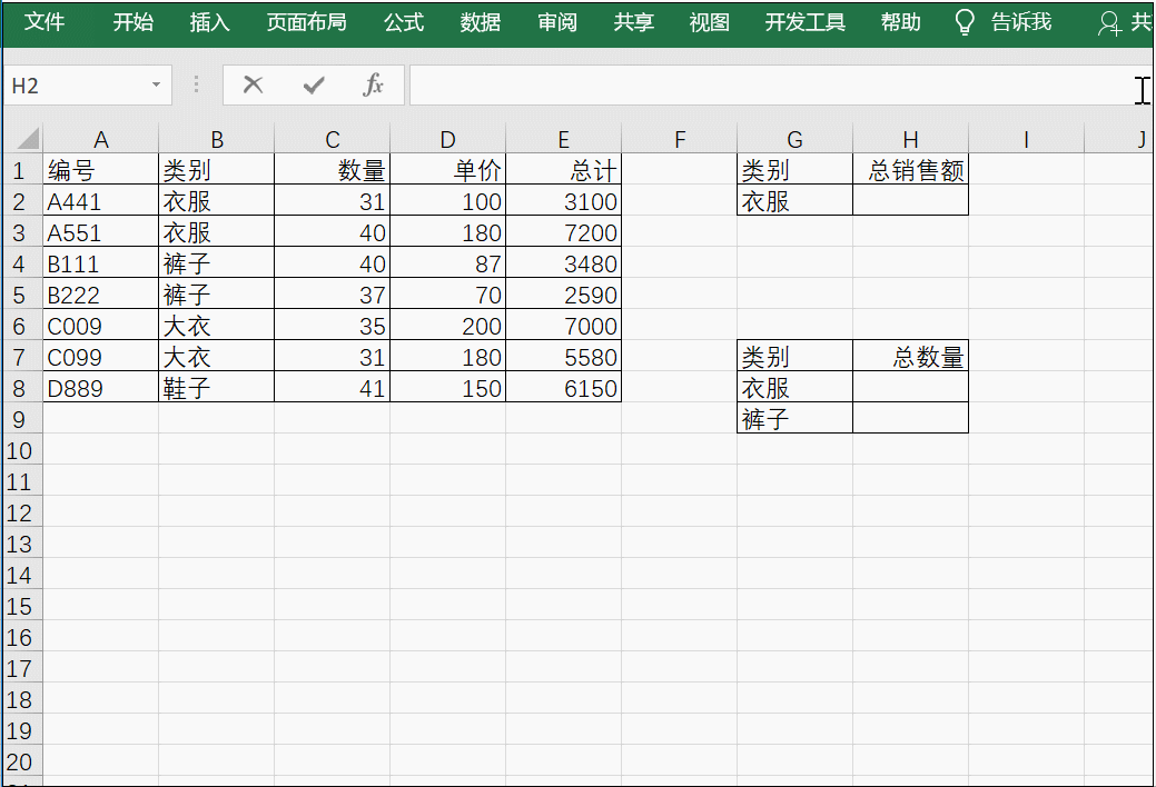 类别为衣服的总销售量 用dsum函数可以直接输入公式=dsum(a1:e8,5,g1