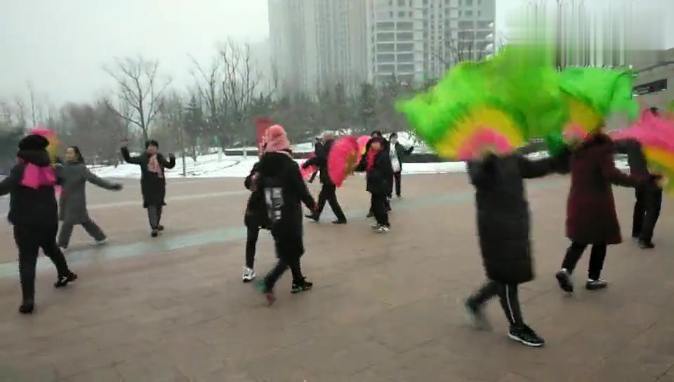 [图]太原和平公园,冒着严寒迎着雪花,一群大妈跳吕梁临县伞头秧秧歌