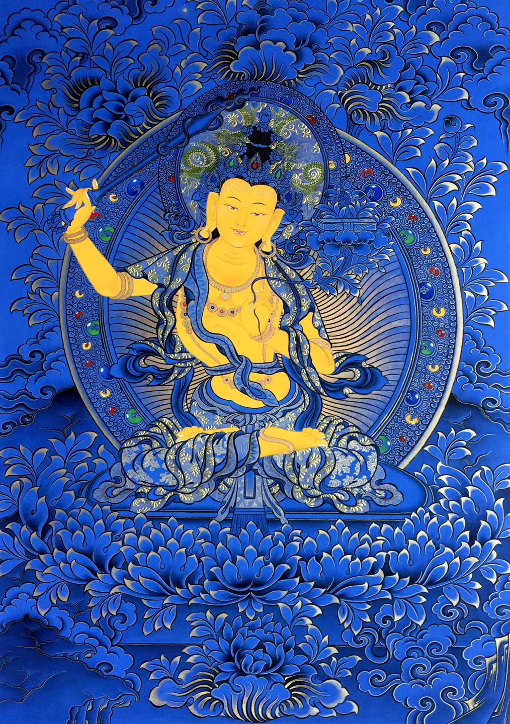 用阿富汗青金石纯金绘制的蓝唐文殊菩萨