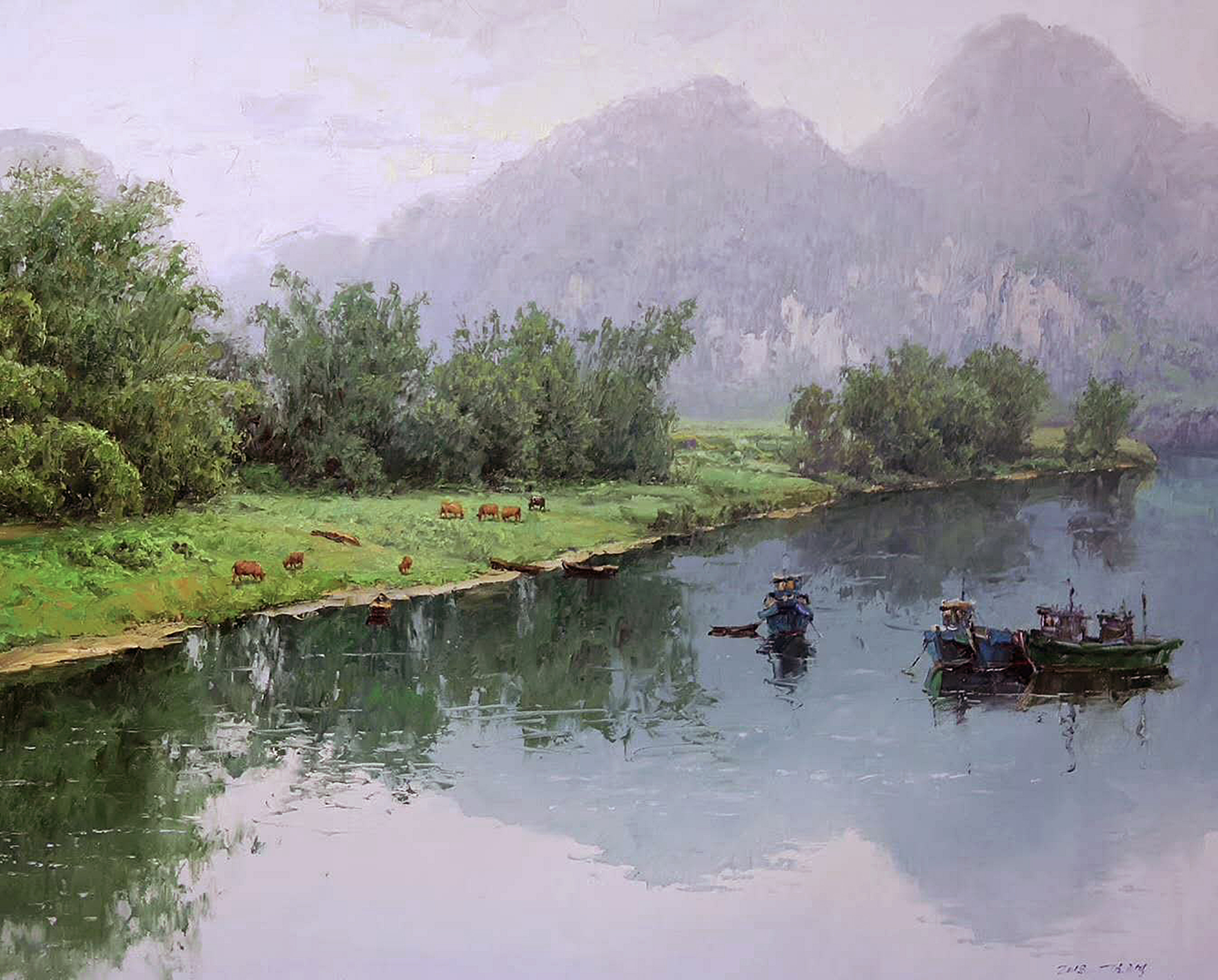 油画《小河水清》. 转载自百家号作者:8彩虹画室