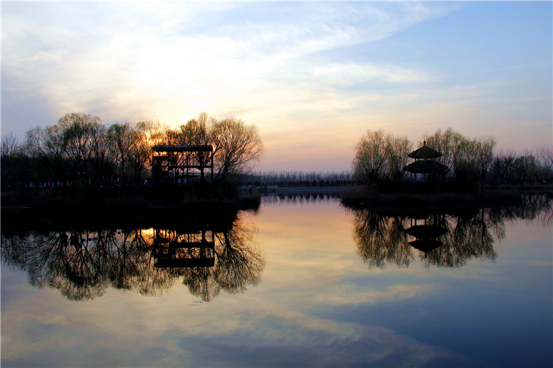 山东平阴:玫城公园春天朝夕景色美如画