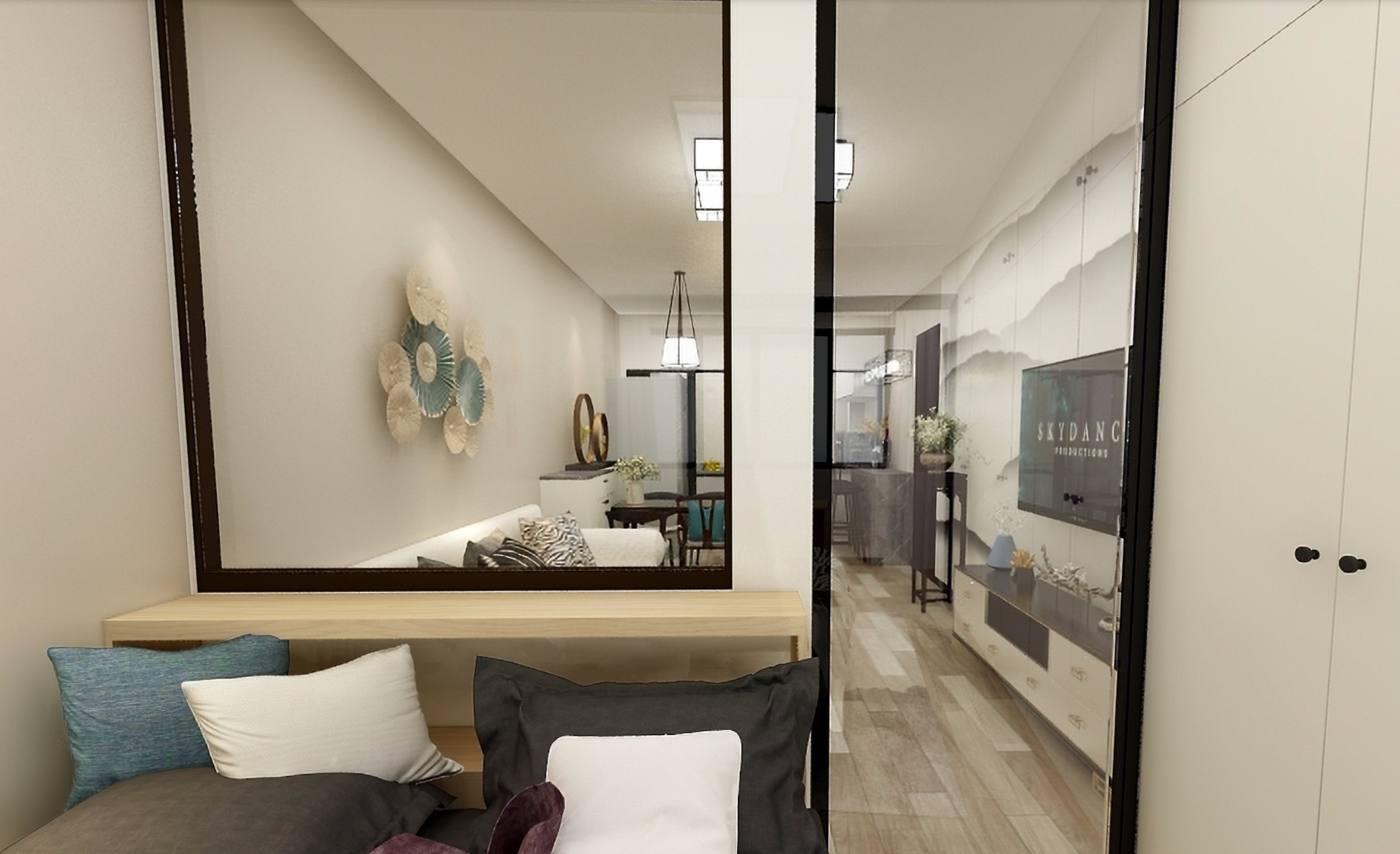 为了增加客厅的光线,卧室与客厅的隔断大量使用透明玻璃.