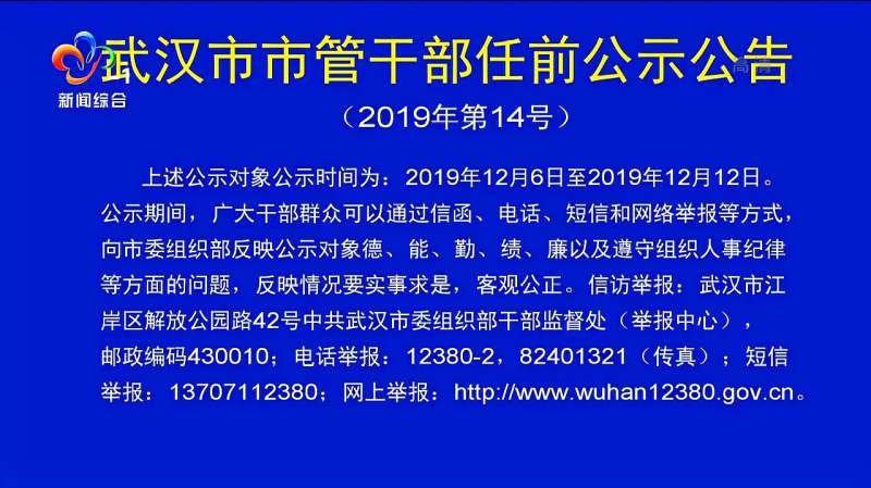 武汉市市管干部任前公示公告