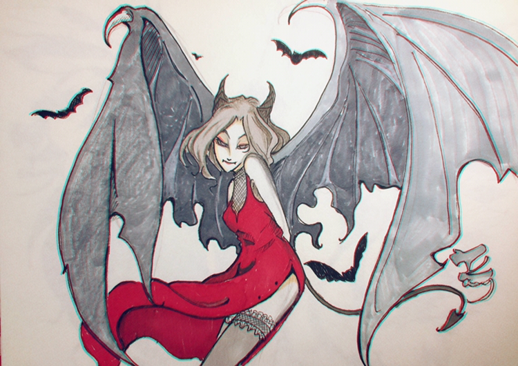 马克笔手绘,长翅膀的天使和恶魔