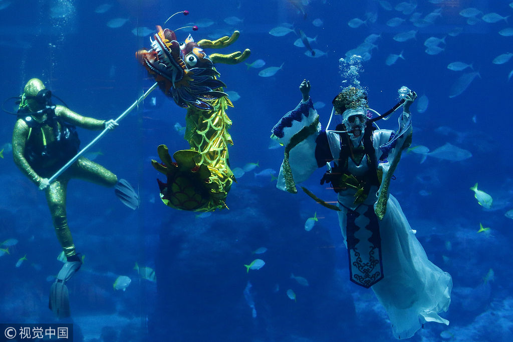 新加坡水族馆表演水下舞龙贺新春