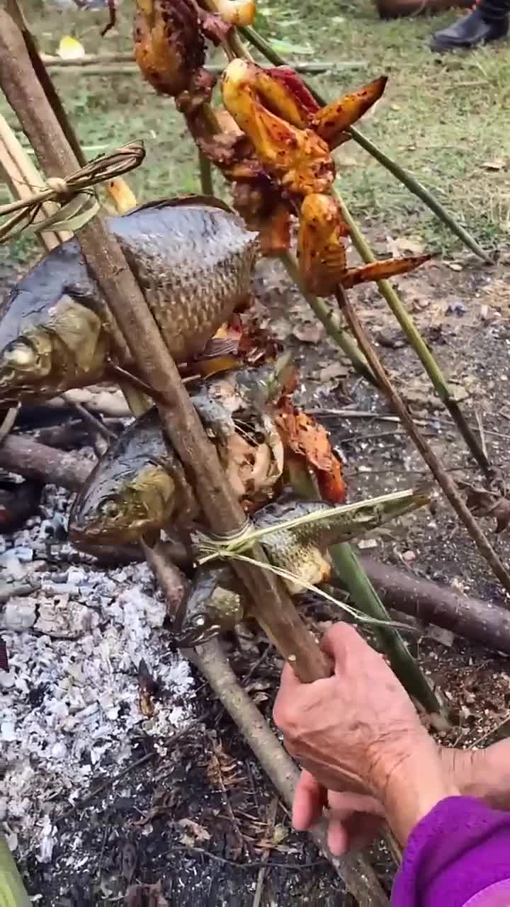 我要上热门#我们这边烧烤都是用树枝穿肉来烧烤的哦,这样烤吃起来