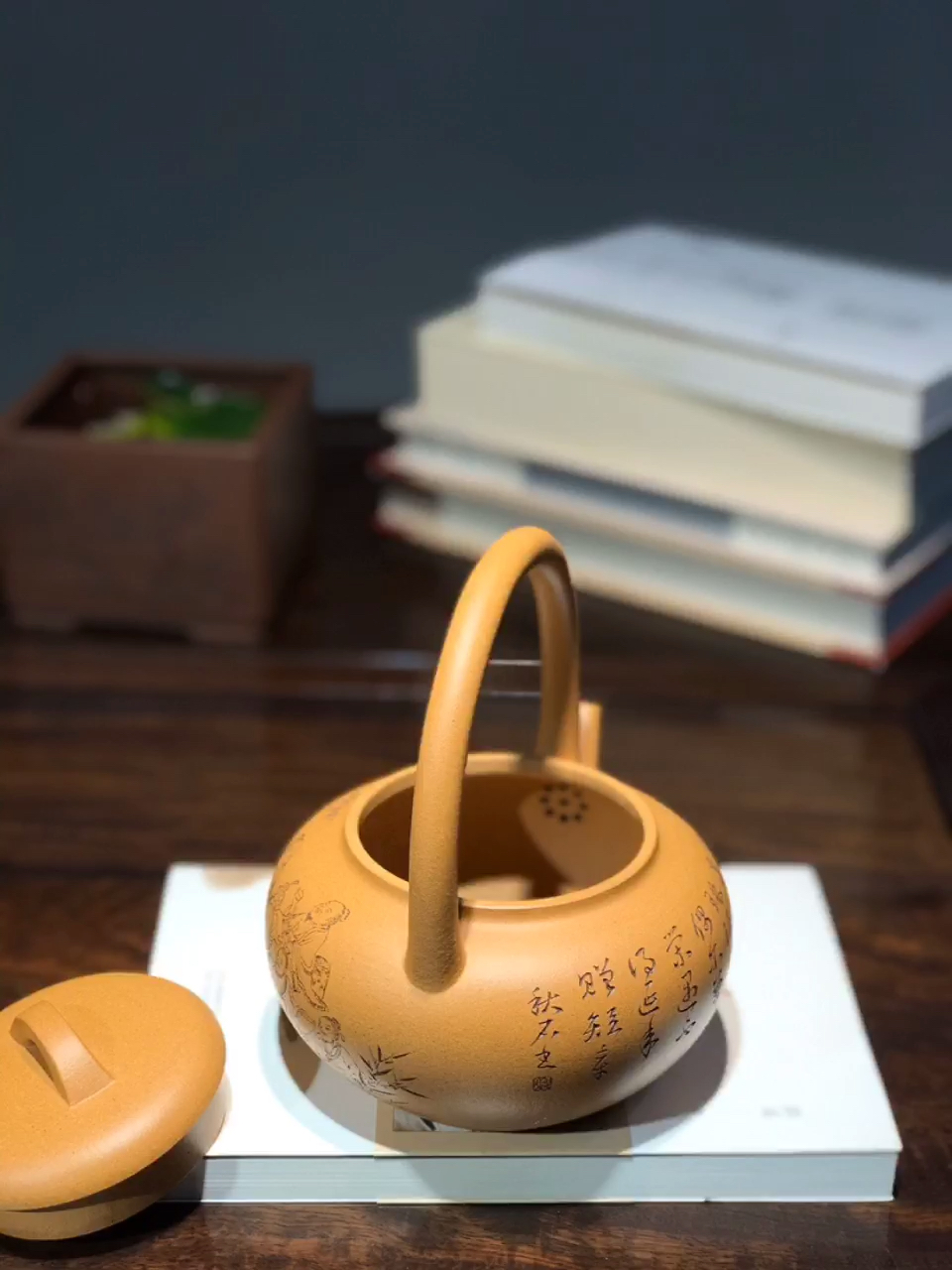 秋石刻绘竹林七贤老段泥壶