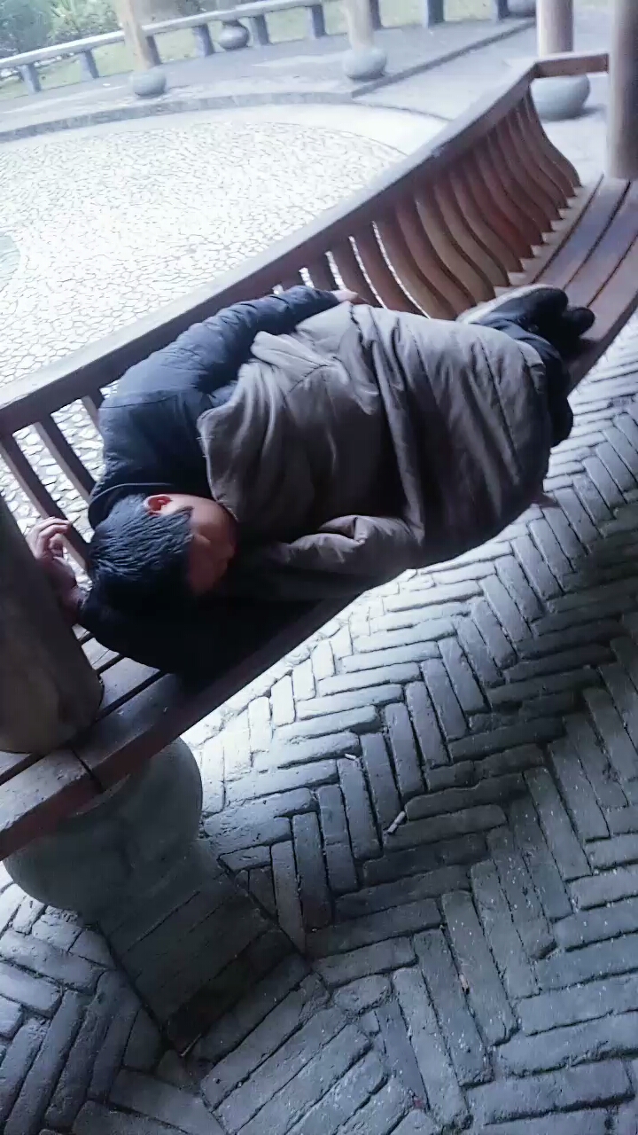 公园大冷天有个流浪汉睡觉,哎挺可怜