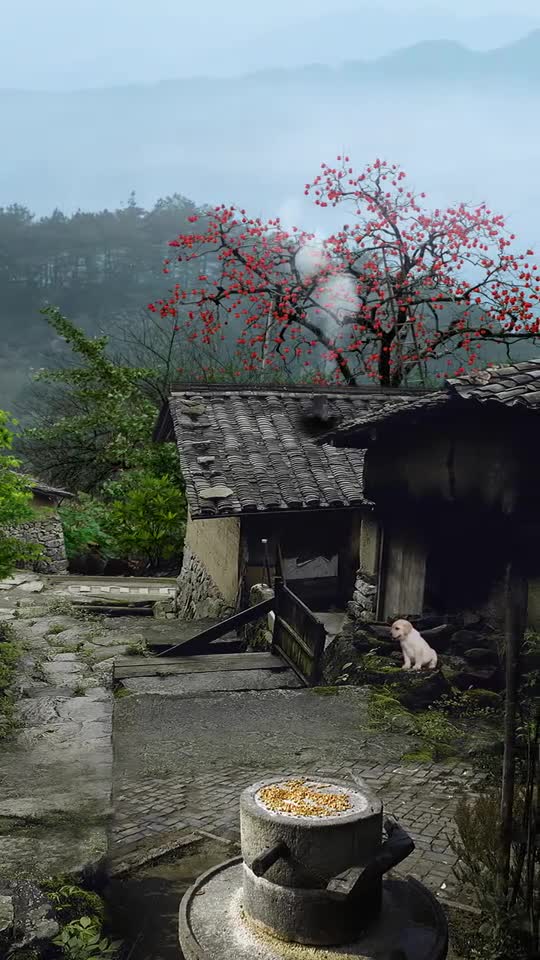 深山里一处斑驳的老房子旁,柿子树结满了果实却无人采摘,房主奶奶98