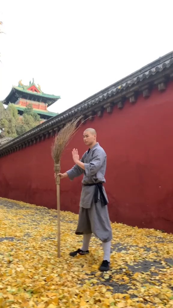 少林寺#秋风起,杏叶落, 扫把功送给大家!
