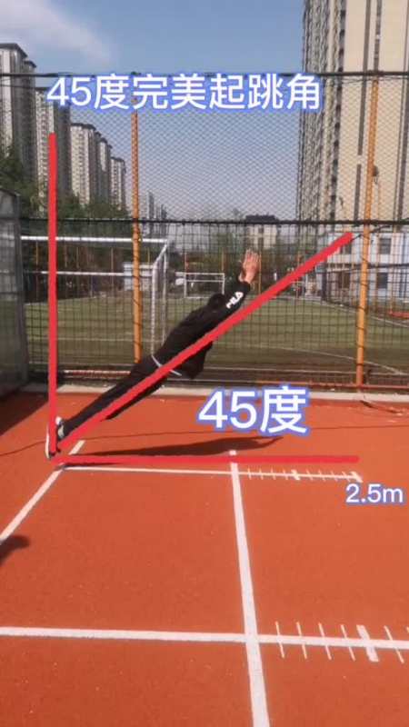 立定跳远45度完美起跳角展示,男生2.5m满分.