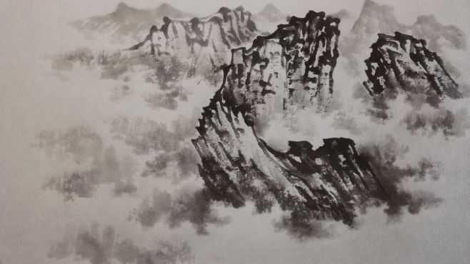 [图]国画入门：山水画“云雾”画法，淡墨层层积染