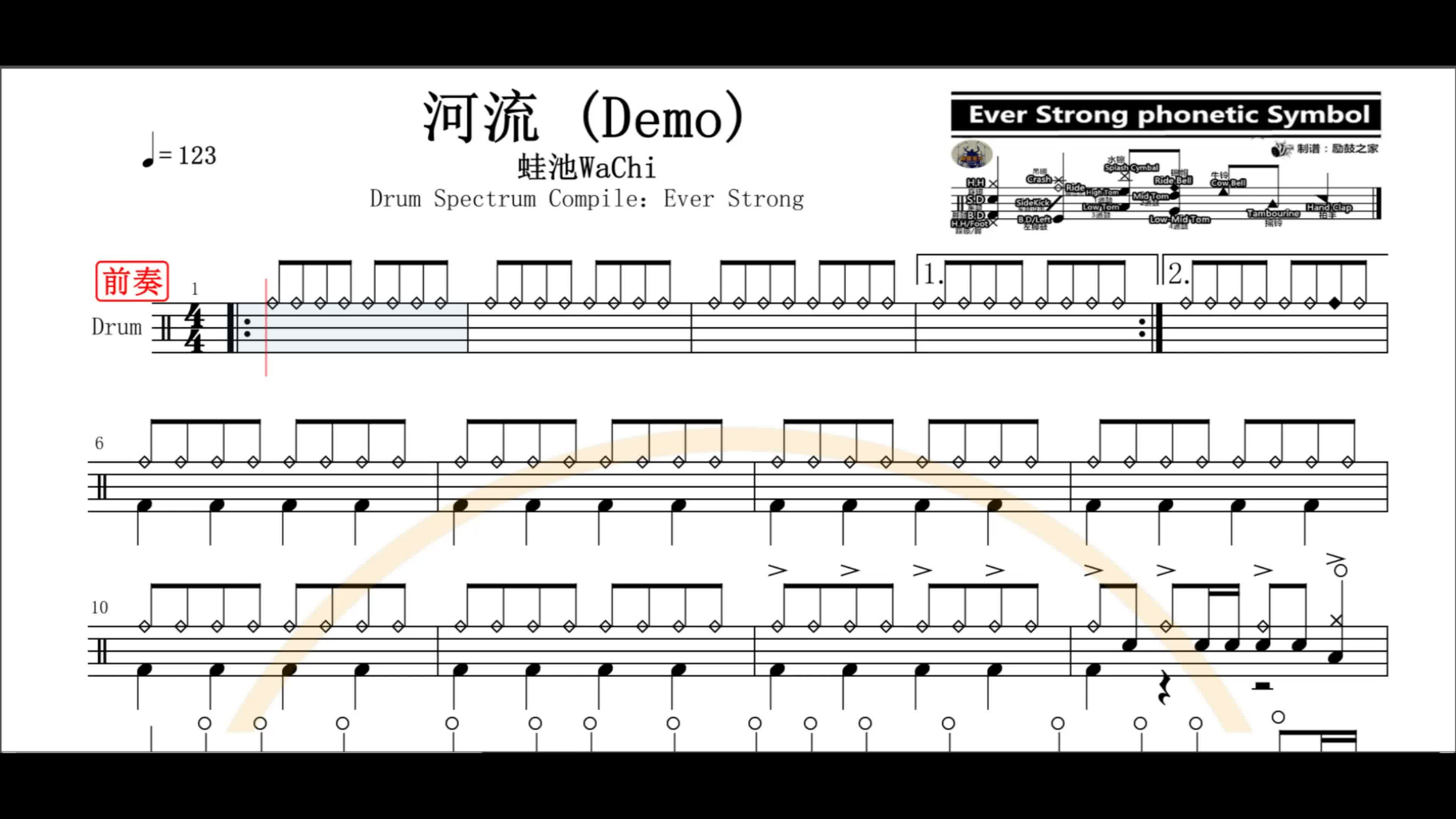 【河流鼓谱】蛙池wachi架子鼓谱高清动态鼓谱