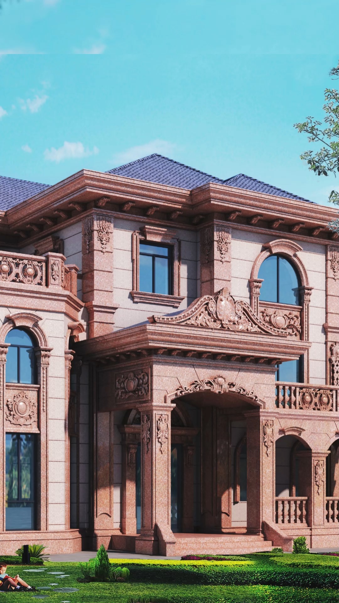 农村别墅#这是不是你们喜欢的中国红,石岛红干挂石材别墅,福建豪门都 