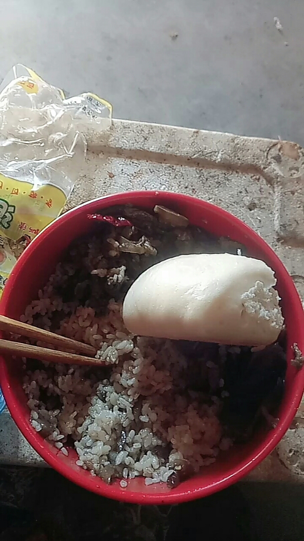 农民工得伙食茄子大米加馒头