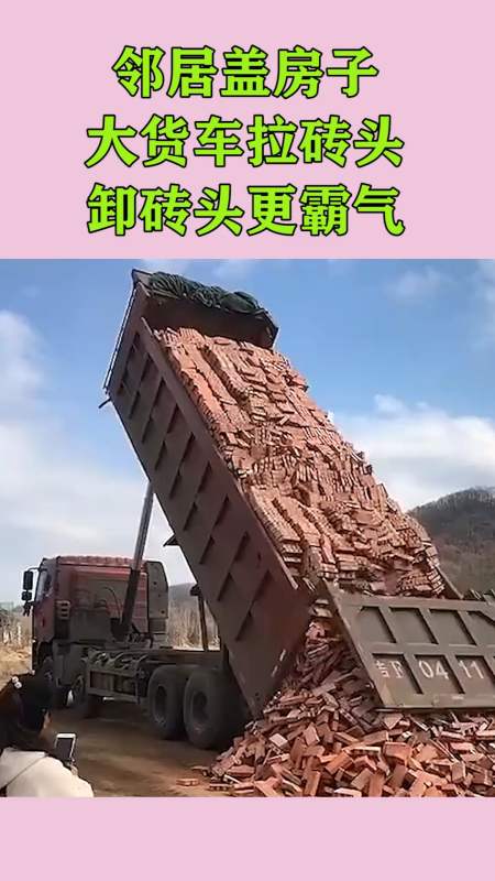 邻居盖房子,大货车拉砖头,卸砖头更是霸气!