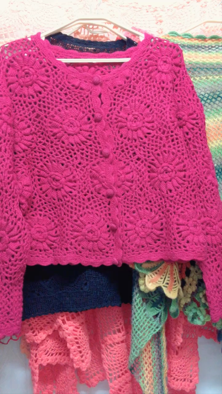 手工钩花镂空拼花纯羊毛开衫毛衣外套