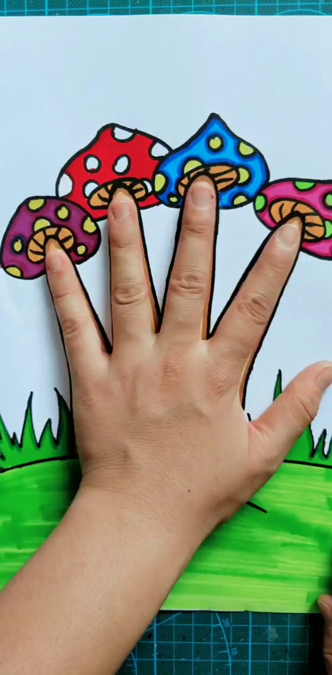 手掌画彩色蘑菇,小朋友一看就会.