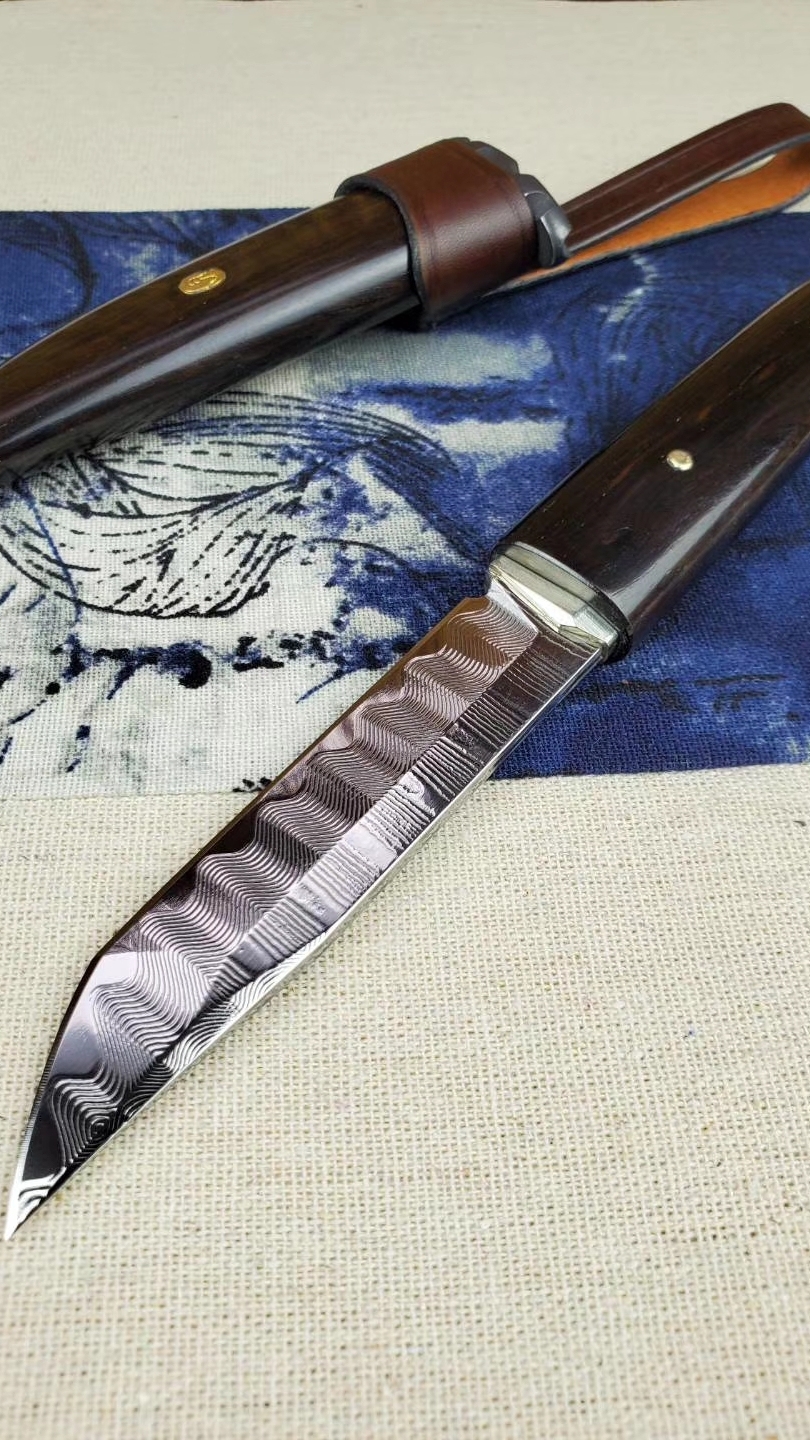 扶桑刀水波大马士革钢镜面抛光日式短刀黑檀木出口款-度小视