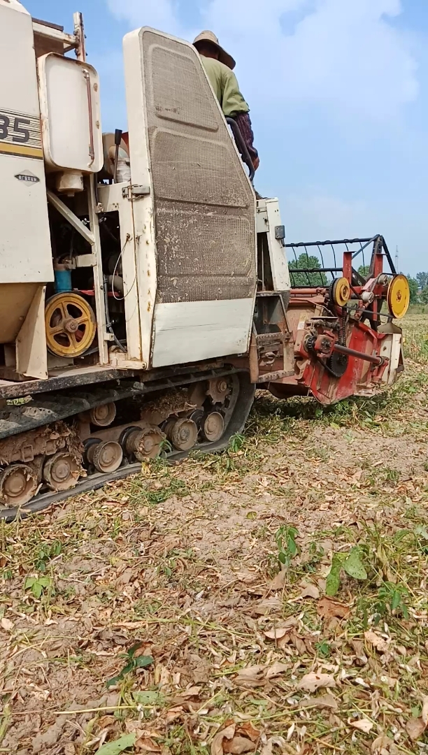 农民驾驶收割机割黄豆