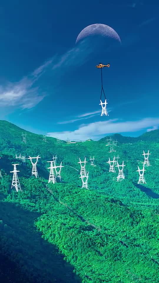 翻越二郎山的西电东送500kv特高压输电线路,直升机吊装铁塔!