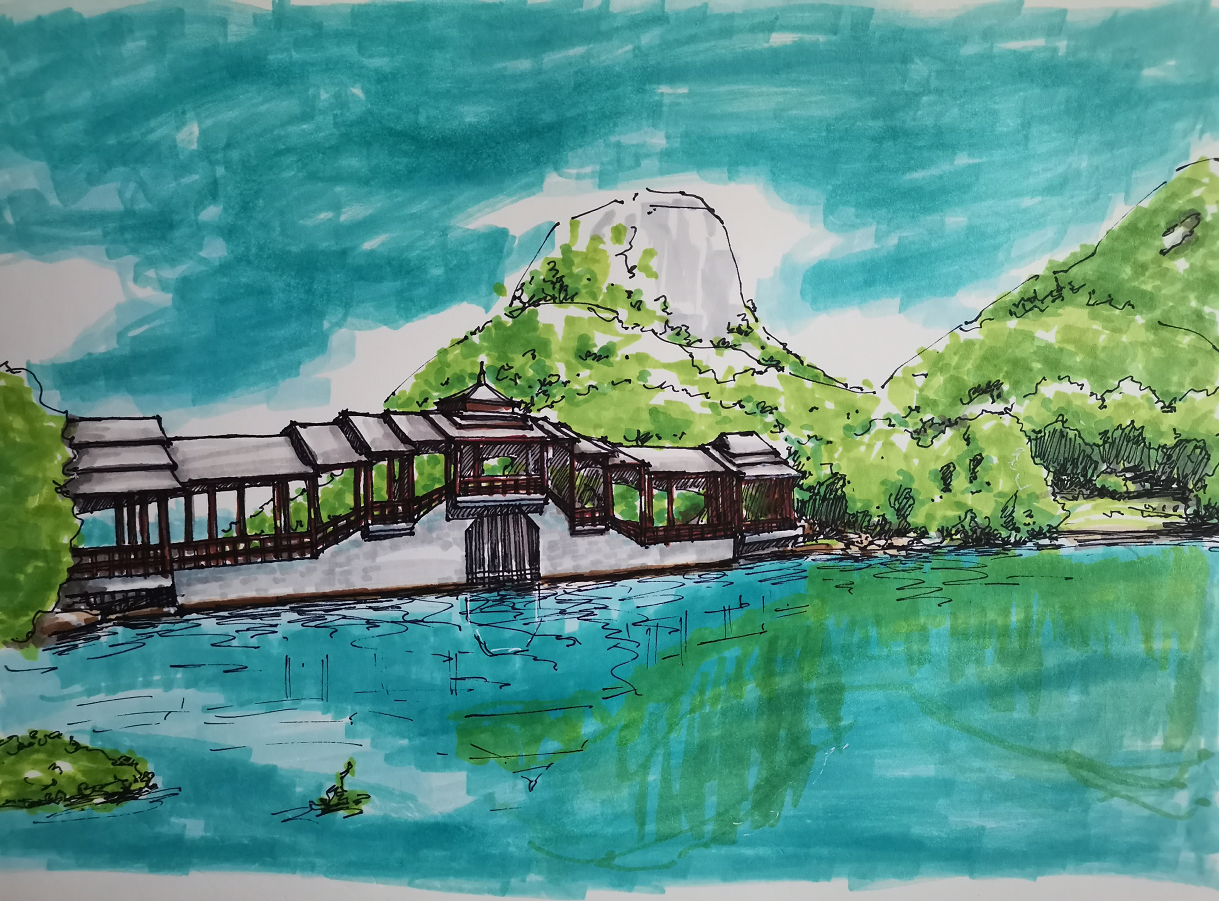 绘画#南宁花花大世界,壮乡风雨桥风景写生,你们去过吗?
