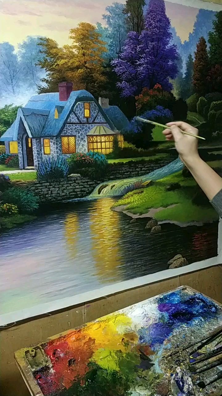 [花园风景油画半成品],作品正在创作中.