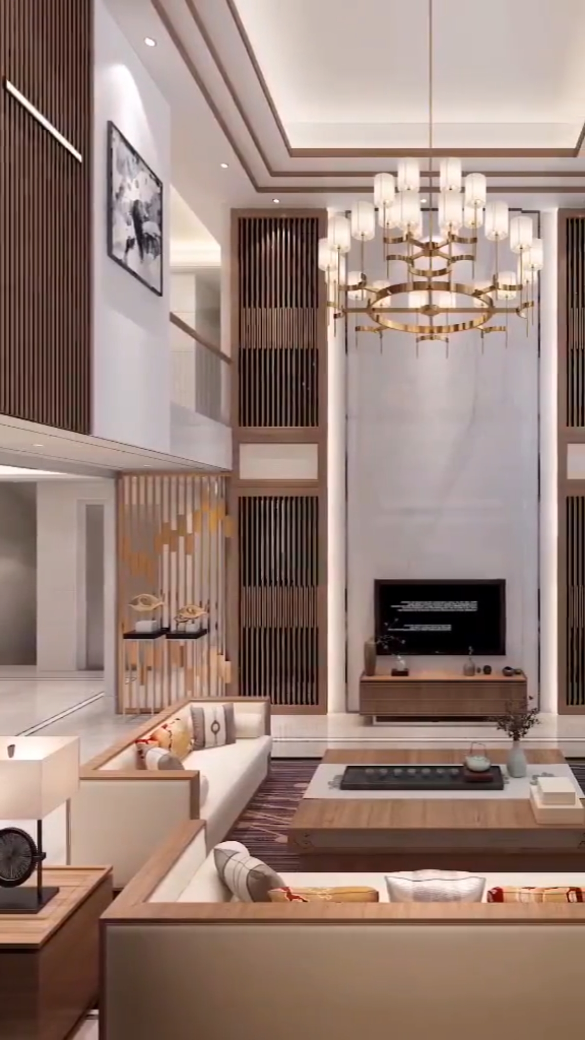 新中式设计#新中式挑空客厅设计,古朴典雅