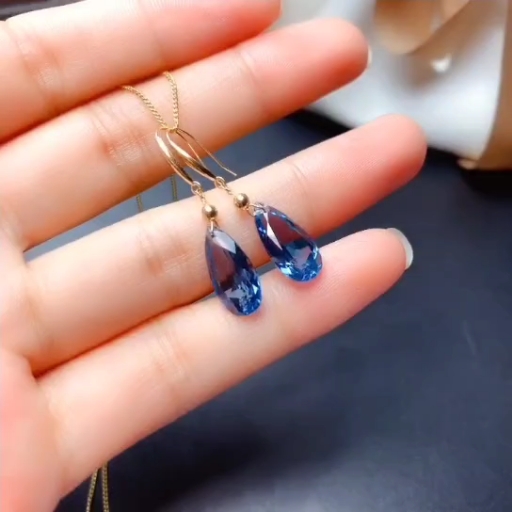 新款18k黄金天然伦敦蓝托帕宝石水滴耳坠金镶蓝宝石耳钉耳饰