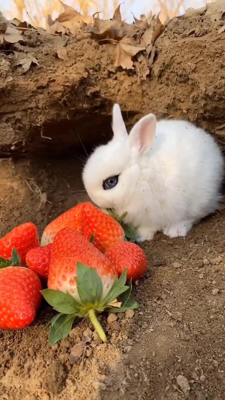 小白兔吃草莓看着很好吃的样子