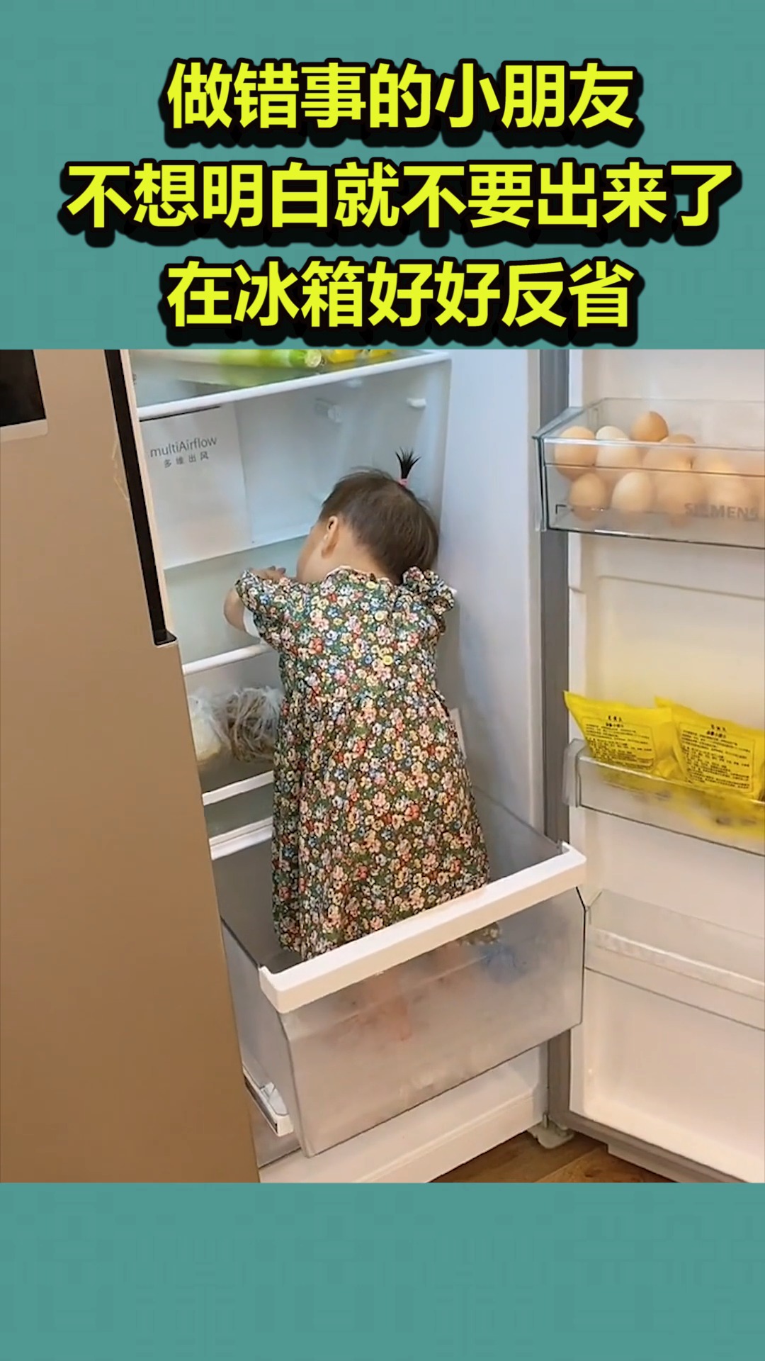 做错事的小朋友,不想明白就不要出来了,在冰箱好好反省!