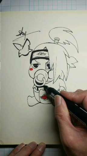 手绘教程徒手绘画火影人物迪达拉q版