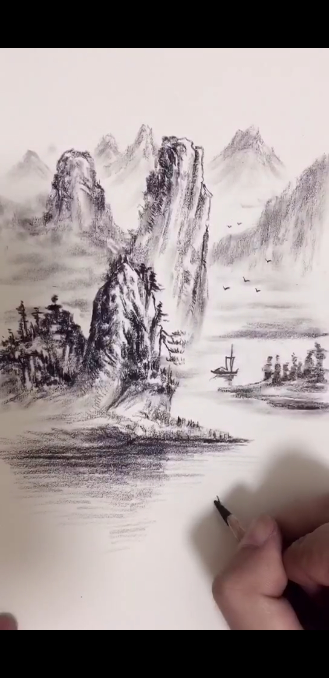 碳素笔画山水图片
