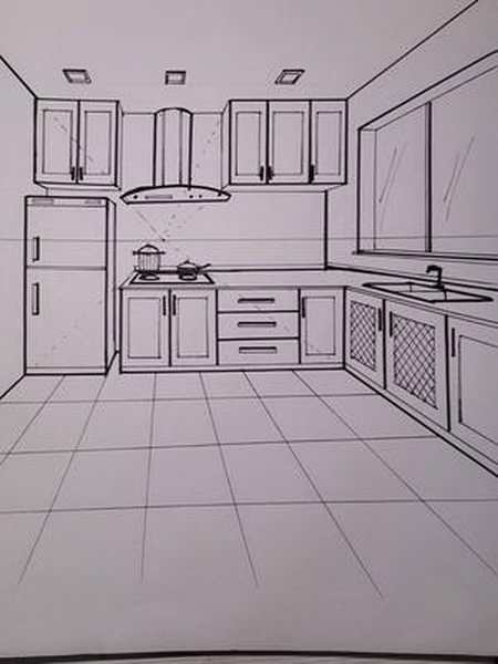 手绘一点透视厨房空间效果及画法技巧