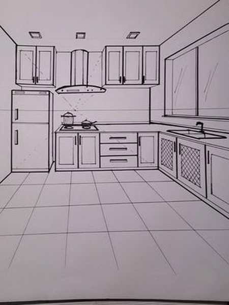 手绘一点透视厨房空间效果及画法技巧