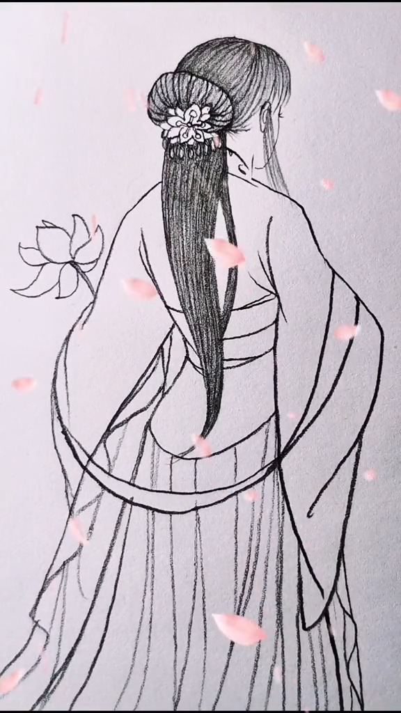 绘画教程#手拿荷花的古风美女侧脸简笔画-度小视