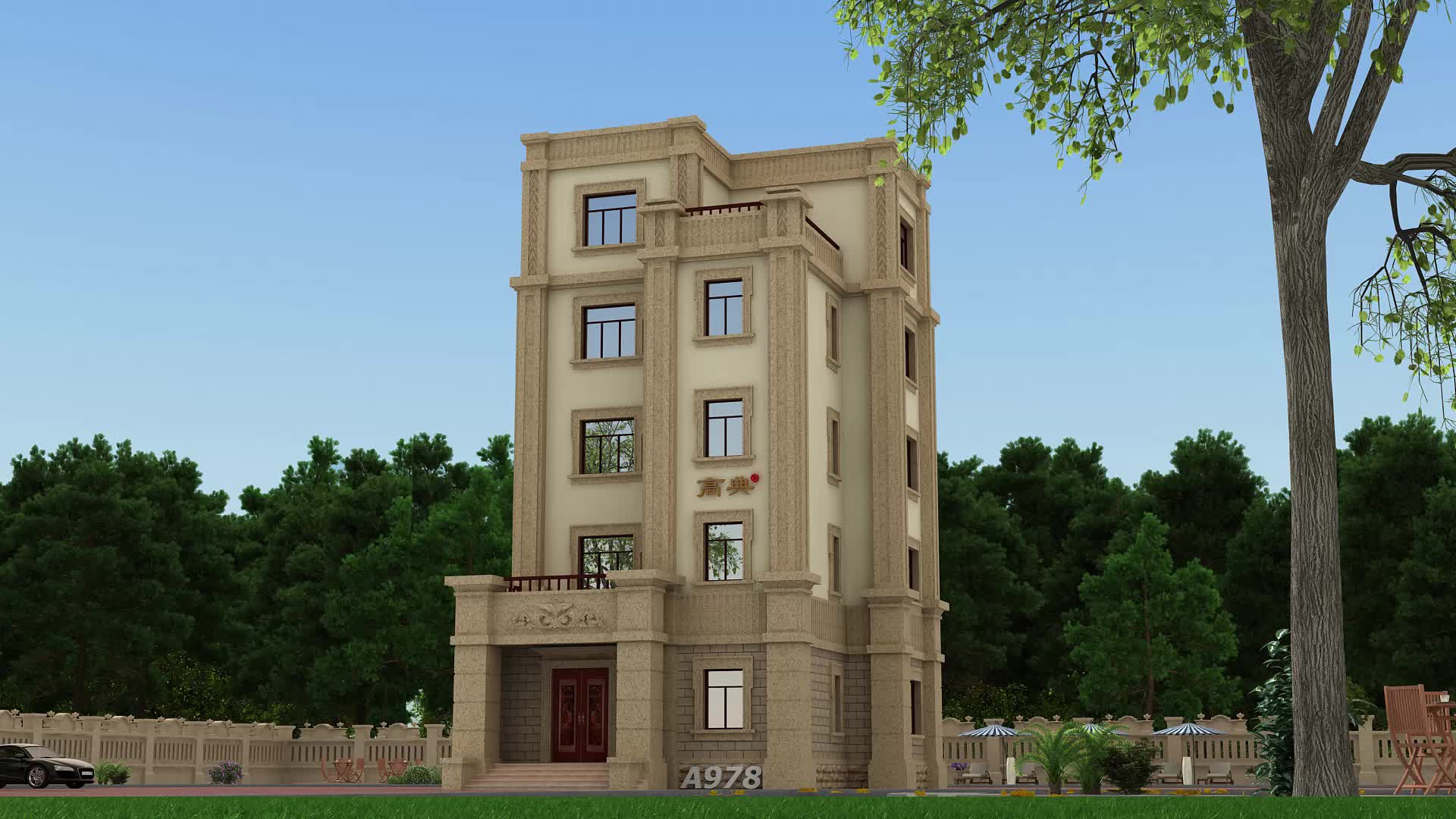 五层农村别墅,整体配色,让建筑分外惹眼.