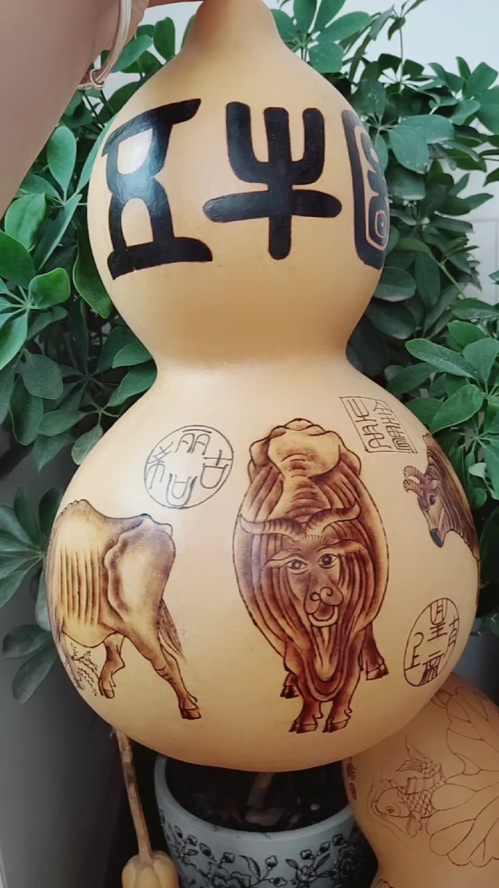 纯手工烙画大葫芦,五牛图