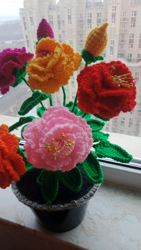 纯手工毛线钩织牡丹花.