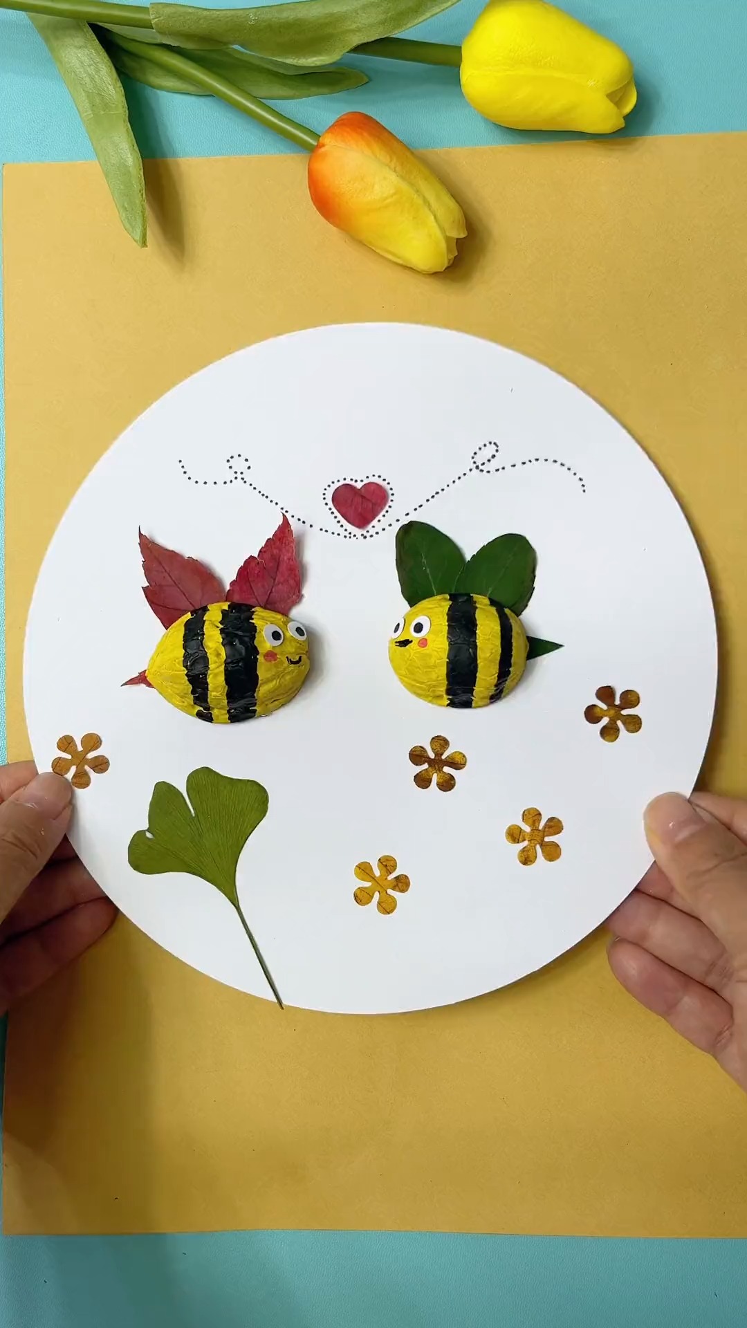 手工制作#用核桃壳和树叶来做小蜜蜂吧#亲子手工 #树叶贴画 #创意