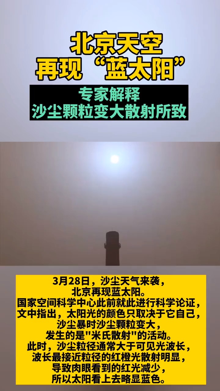 北京再现"蓝太阳",专家解释:沙尘颗粒变大散射所致
