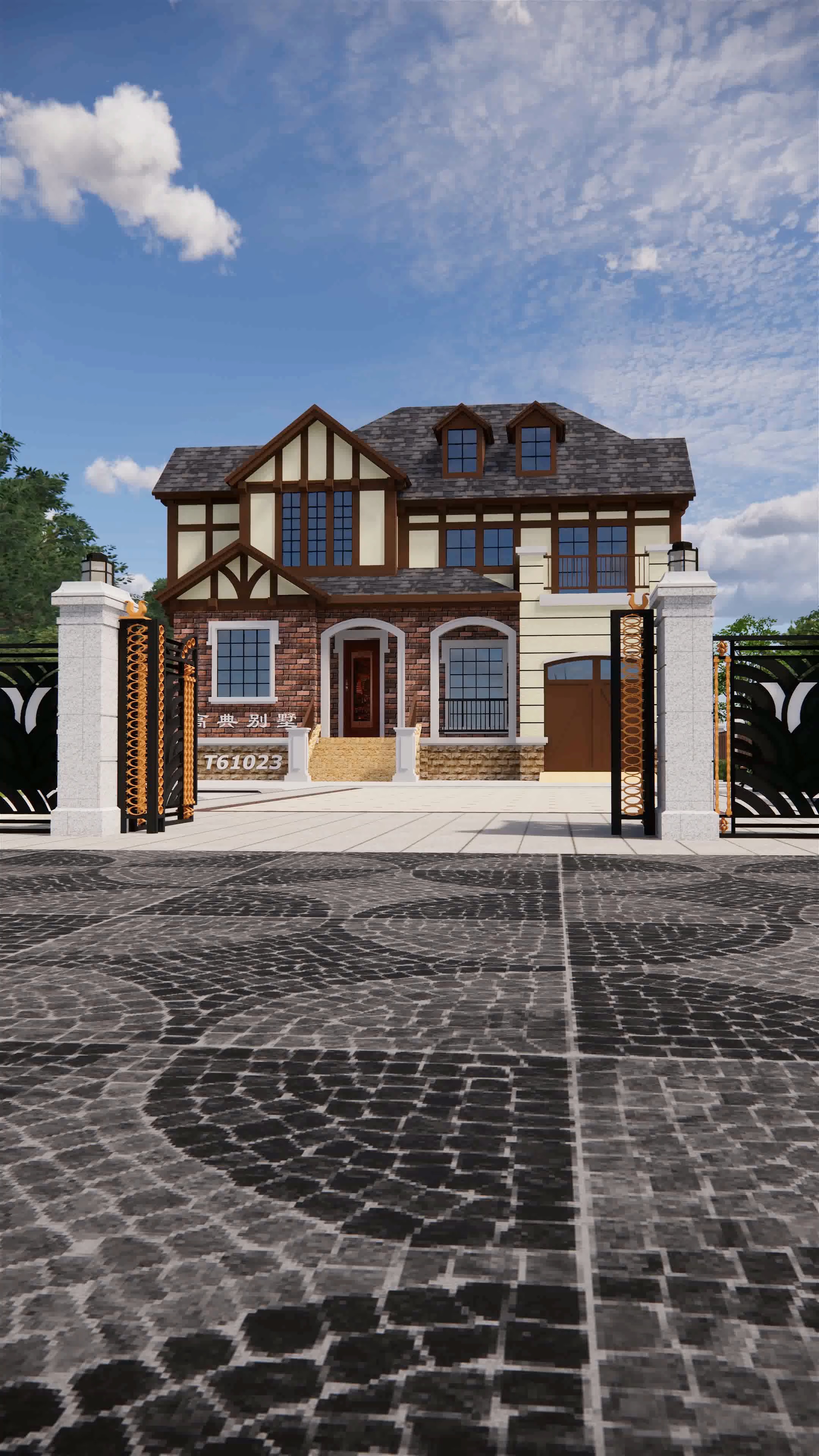 山村的景色房屋特写,小两层英式风格别墅-度小视