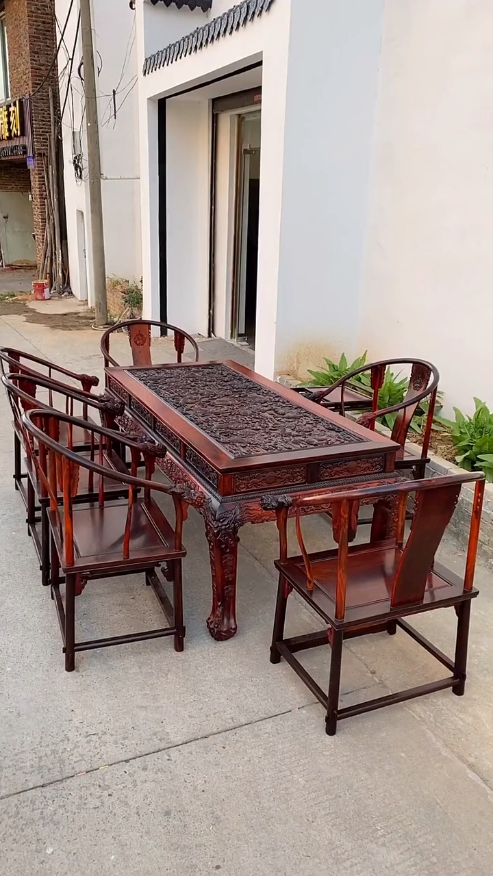 古典红木家具#大红酸枝雕龙茶桌