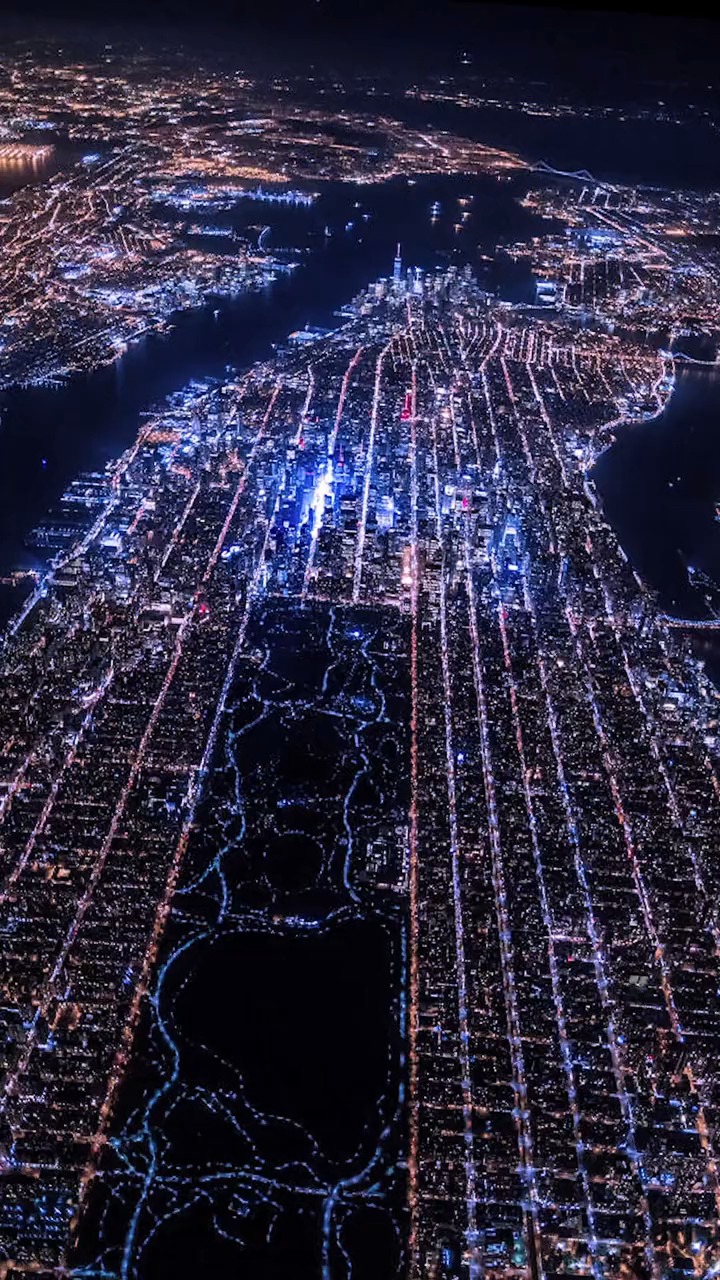 航拍纽约夜景,整个城市如芯片一样排列,有密集恐惧症的慎看,旅行,航拍