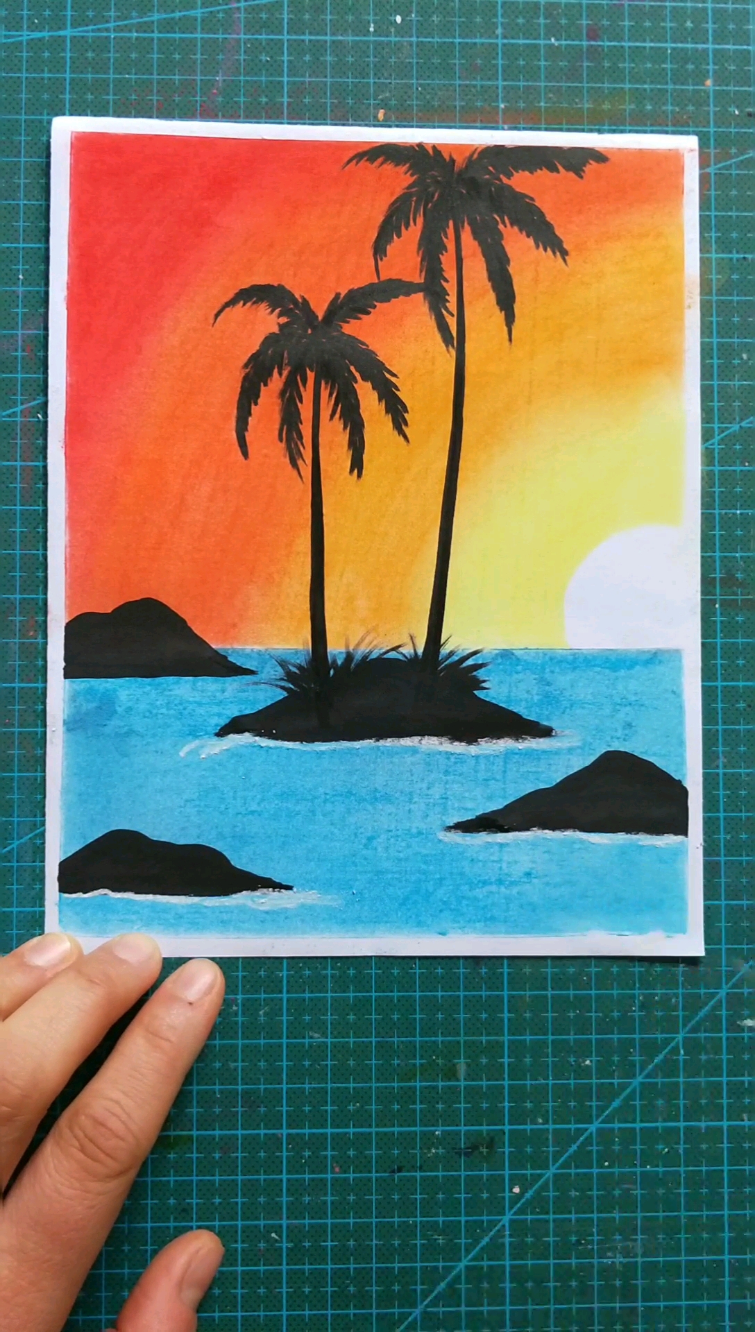 风景教程,教孩子画夕阳和椰树,步骤简单易学