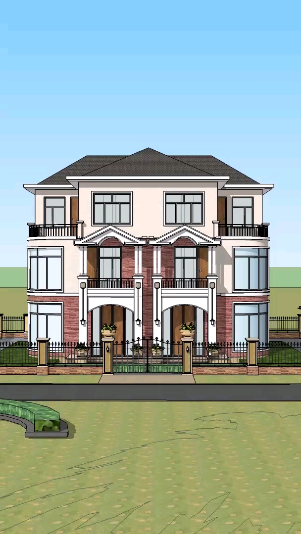 河北三层16x12米简欧风格双拼别墅定制设计,温馨自然