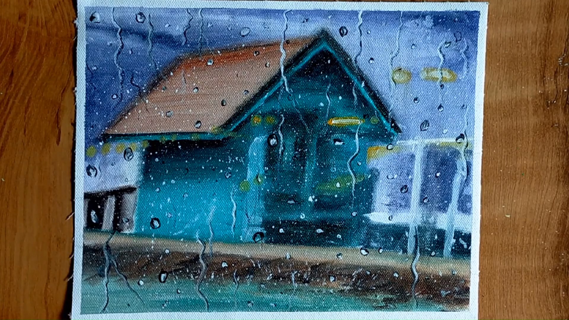 画画原来如此简单##丙烯画 #创意美术 看着雨天窗外那模糊的小房 